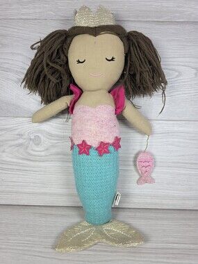 Mud Pie Mermaid Rag Doll 18" Plush Brown Teal Pink & Metallic Gold with Fish SU6